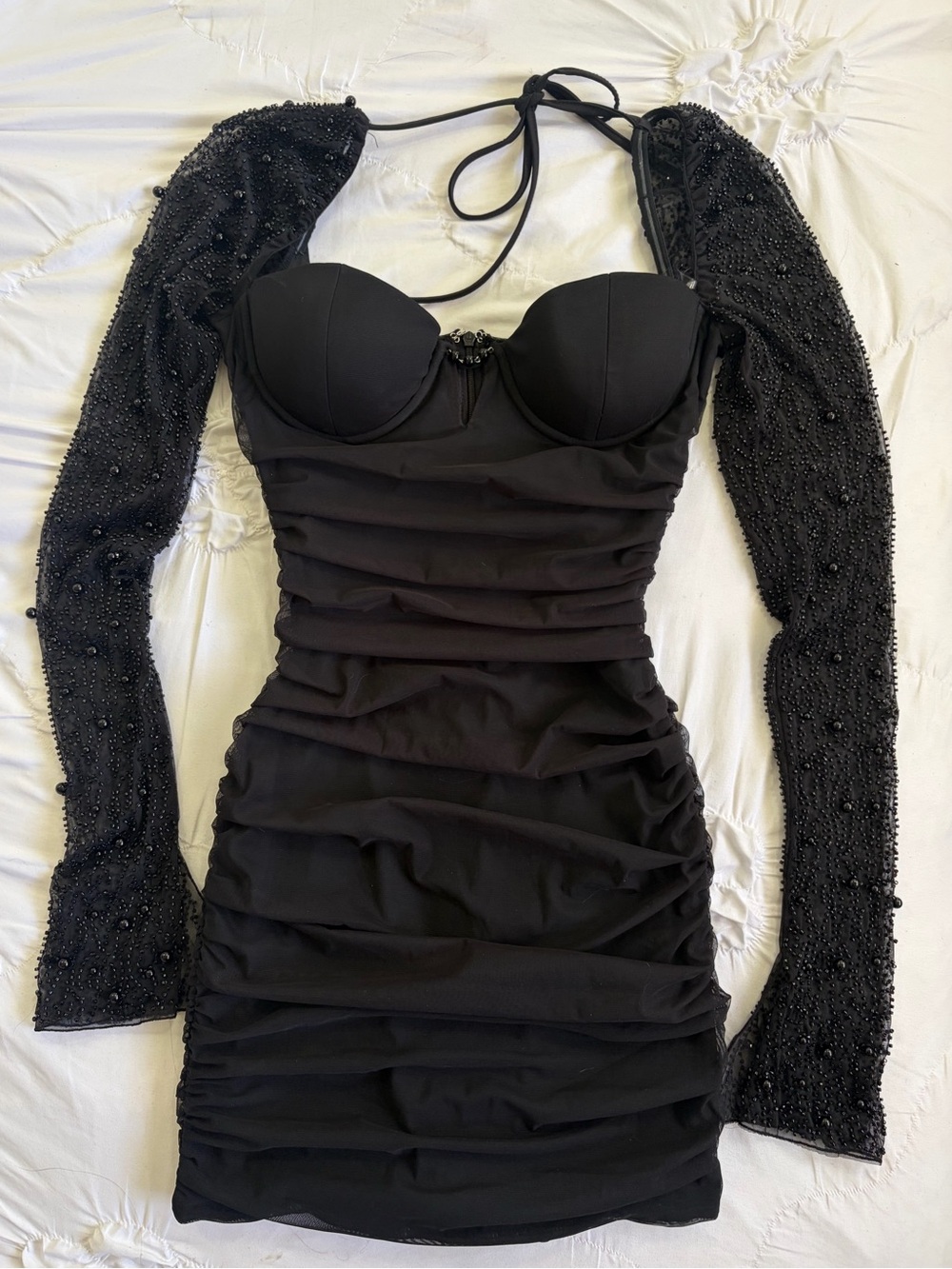 Oh Polly St Germain Embellished Long Sleeve Mini Dress in Black